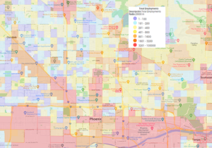 Map of total jobs by urban area in Phoenix, Arizona.